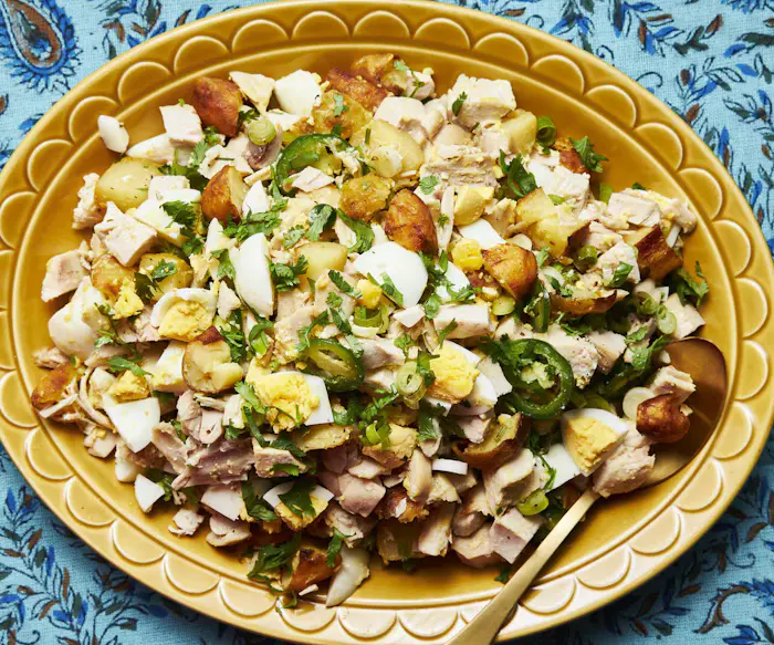 Indian-Baghdadi Shabbat Salad With Chicken, Potatoes, and Egg image