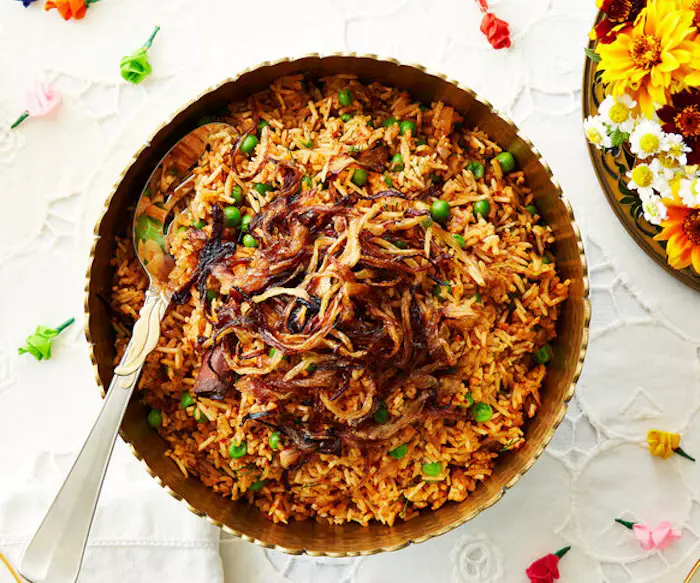 Rose Harissa and Pea Pilau With Crunchy Burnt Onions image